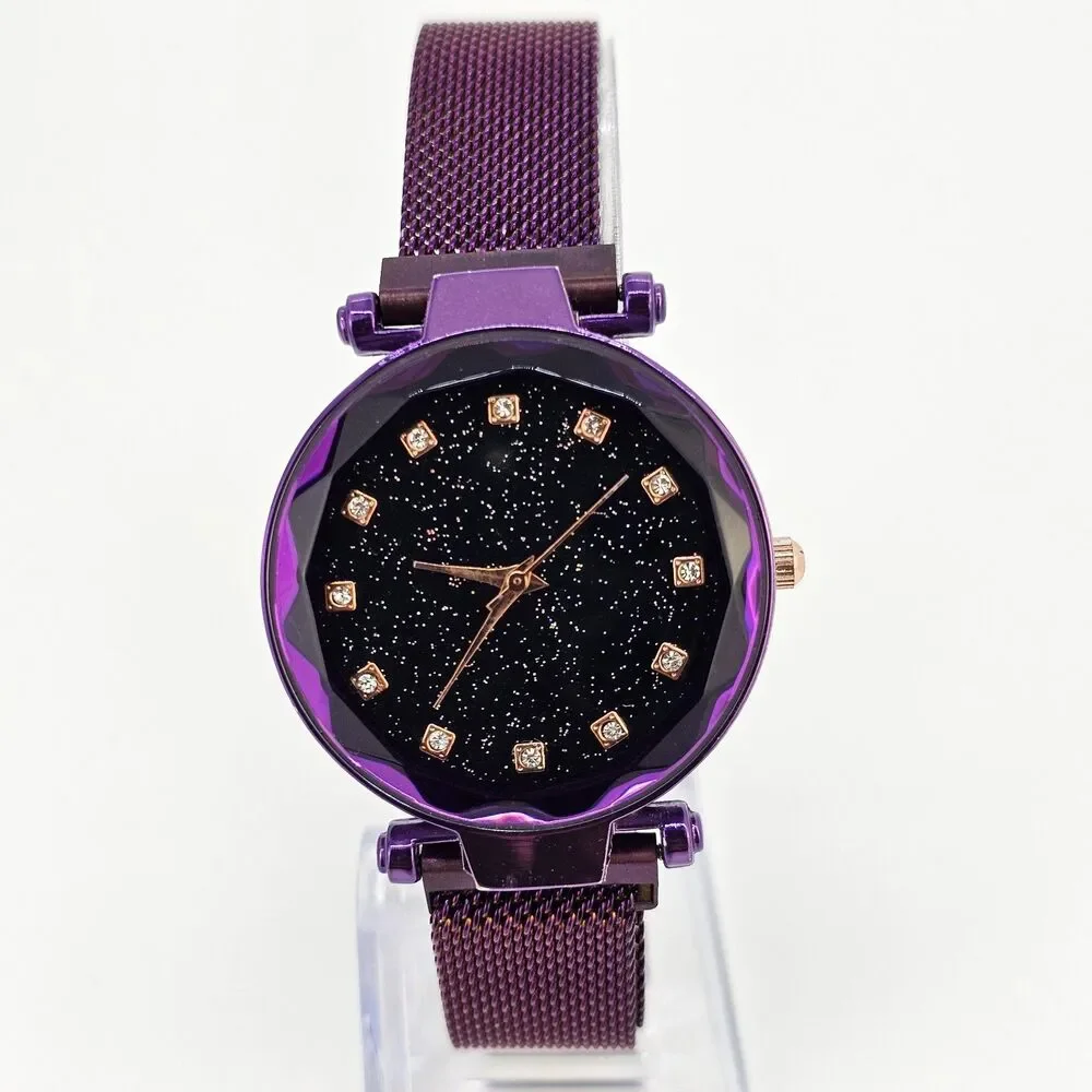 34MM Women's Watch Black Glitter Dial Purple‎ Mesh Band Up to 9